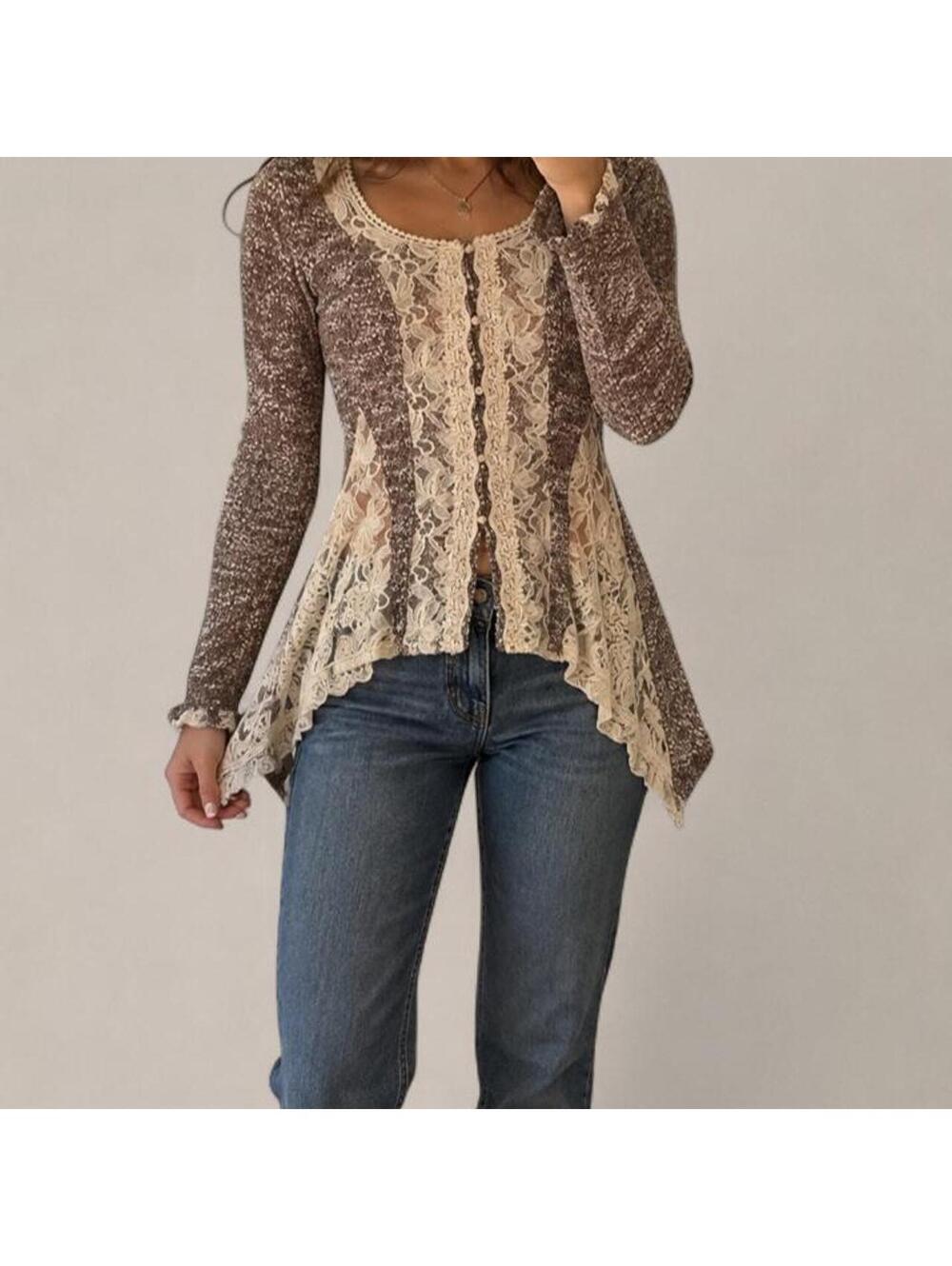 Ryu Brown & Cream Lace Boho Cardigan Size Large